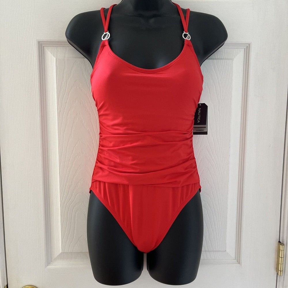 NAUTICA Slimming Swim Suit One Piece Scoop Neck Ruched Back Straps Red Womens S